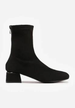 Czarne Eleganckie Botki VICES Skarpetkowe z Imitacji Zamszu na Klocku z Metalicznym Zdobieniem Rivite