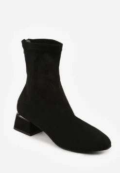 Czarne Eleganckie Botki VICES Skarpetkowe z Imitacji Zamszu na Klocku z Metalicznym Zdobieniem Rivite