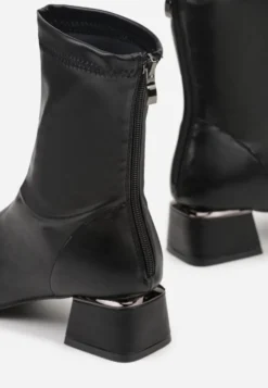 Czarne Eleganckie Botki VICES Skarpetkowe na Klocku z Metalicznym Zdobieniem Rivite