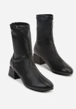 Czarne Eleganckie Botki VICES Skarpetkowe na Klocku z Metalicznym Zdobieniem Rivite