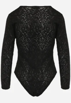 Czarne Eleganckie Koronkowe Body z Dekoltem w Szpic Vattia