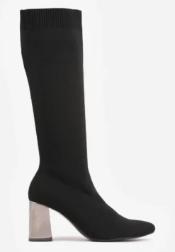Czarne Eleganckie Kozaki VICES na Metalicznym Obcasie ze Skarpetkową Cholewką Nalaina