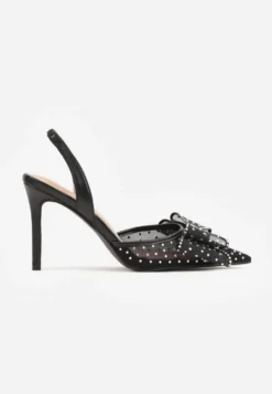 Czarne Eleganckie Siateczkowe Szpilki VICES z Paskiem na Pięcie Kokardą i Cyrkoniami Otinda