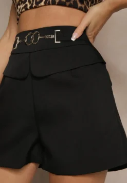 Czarne Eleganckie Szorty High Waist z Wiskozy Zdobione Metaliczną Aplikacją Zilene