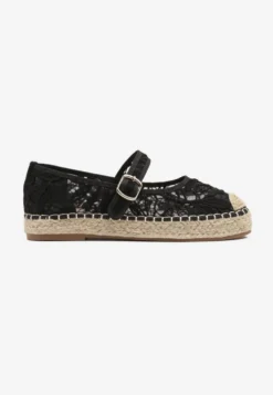 Czarne Espadryle na Plecionej Podeszwie z Paskiem i Koronkową Cholewką Tatonia