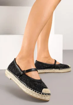 Czarne Espadryle Ozdobione Plecionką i Ażurową Cholewką Rinelona