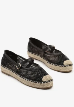Czarne Espadryle Ozdobione Plecionką i Ażurową Cholewką Rinelona