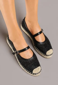 Czarne Espadryle Ozdobione Plecionką i Ażurową Cholewką Rinelona