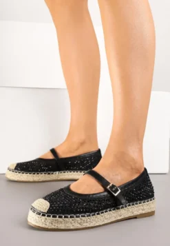 Czarne Espadryle Ozdobione Plecionką i Ażurową Cholewką Rinelona