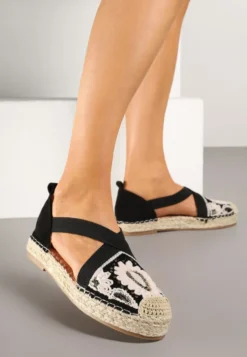 Czarne Espadryle w Stylu Boho Zdobione Haftem Cekinami i Plecionką Idariva