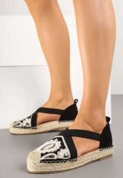 Czarne Espadryle w Stylu Boho Zdobione Haftem Cekinami i Plecionką Idariva