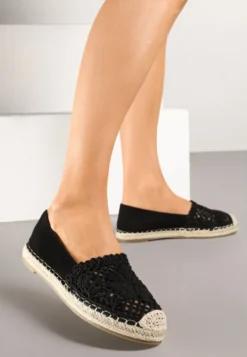 Czarne Espadryle z Ażurową Cholewką i Plecionką Sdivena