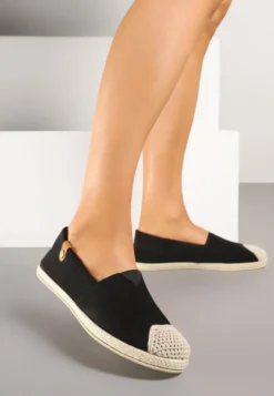 Czarne Espadryle z Elastyczną Wstawką Zdobione Plecionką Kinellis