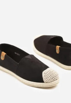 Czarne Espadryle z Elastyczną Wstawką Zdobione Plecionką Kinellis