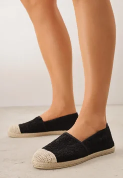 Czarne Espadryle z Koronkową Cholewką i Podeszwą z Plecionki Marilex
