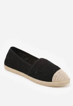 Czarne Espadryle z Koronkową Cholewką i Podeszwą z Plecionki Marilex