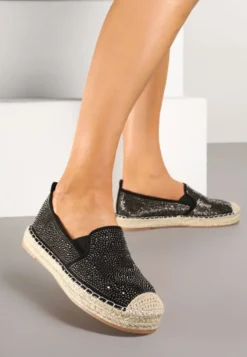 Czarne Espadryle z Plecionką i Cyrkoniami Calinorie