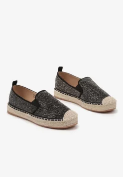 Czarne Espadryle z Plecionką i Cyrkoniami Calinorie