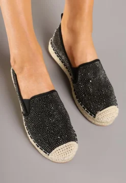 Czarne Espadryle z Plecionką i Cyrkoniami Calinorie
