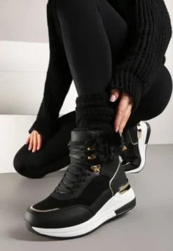 Czarne Futerkowe Sneakersy na Koturnie z Metalicznymi Wstawkami Kaithrin