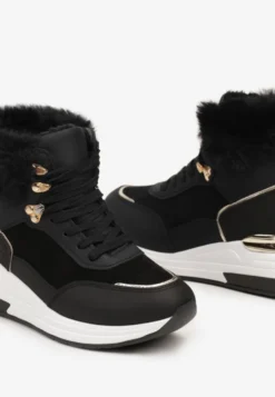Czarne Futerkowe Sneakersy na Koturnie z Metalicznymi Wstawkami Kaithrin