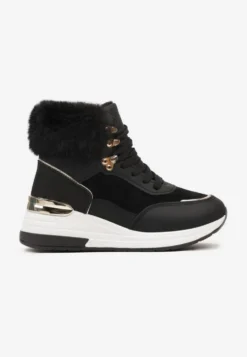 Czarne Futerkowe Sneakersy na Koturnie z Metalicznymi Wstawkami Kaithrin