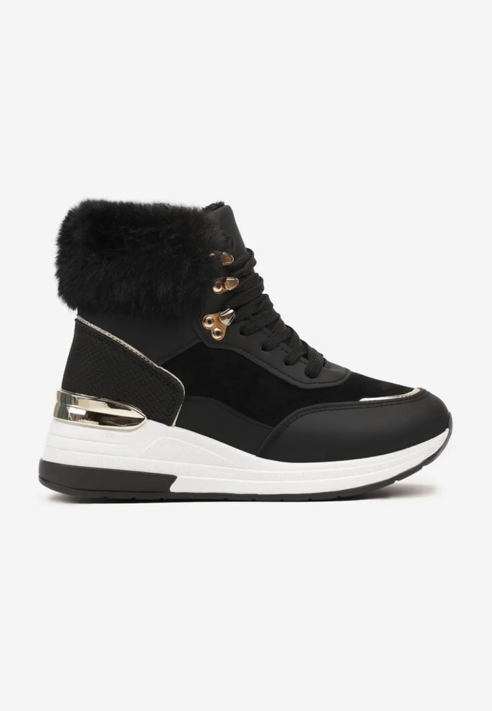 Czarne Futerkowe Sneakersy na Koturnie z Metalicznymi Wstawkami Kaithrin