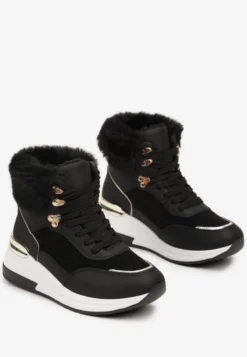 Czarne Futerkowe Sneakersy na Koturnie z Metalicznymi Wstawkami Kaithrin