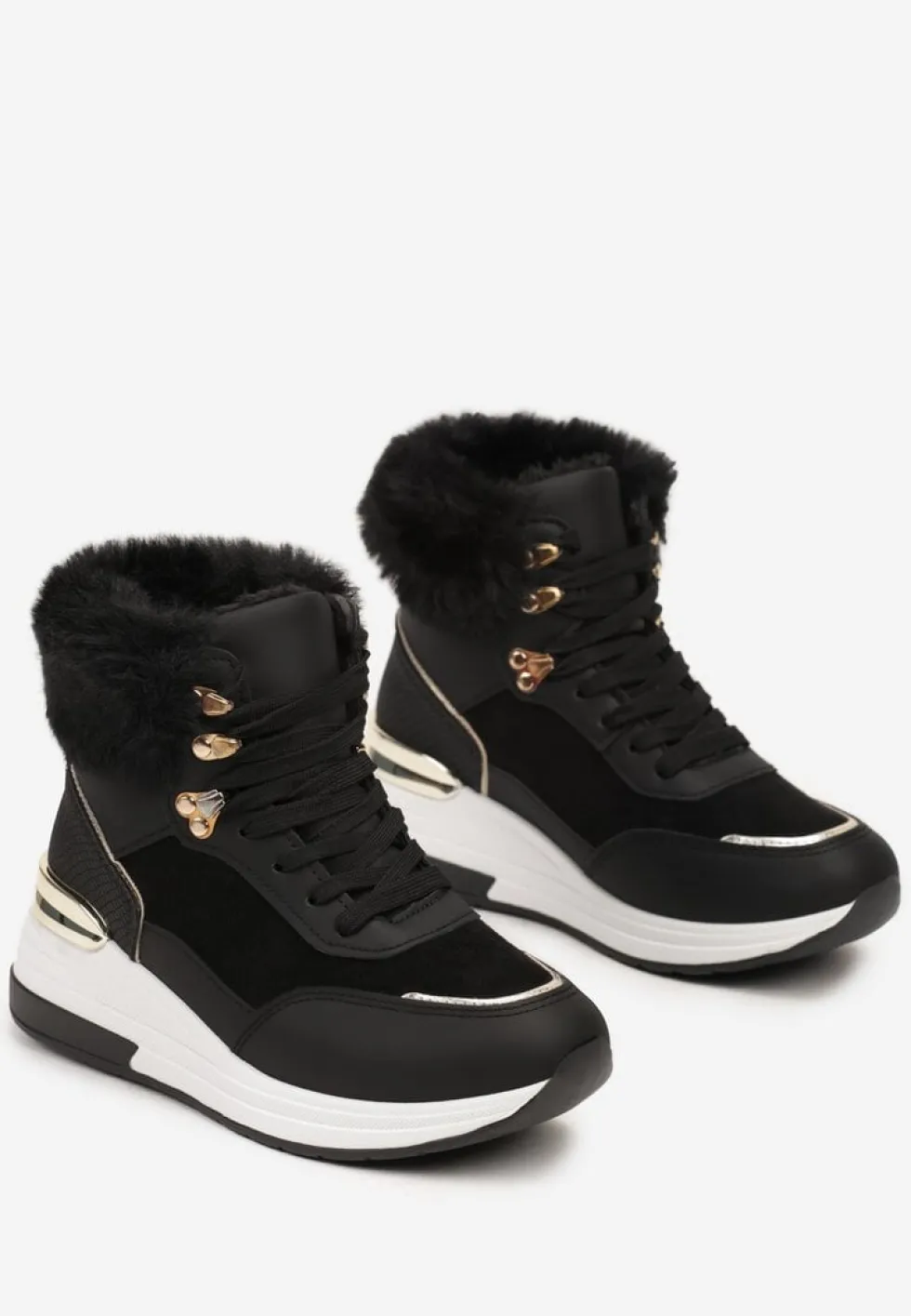 Czarne Futerkowe Sneakersy na Koturnie z Metalicznymi Wstawkami Kaithrin