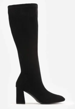 Czarne Gładkie Kozaki Przejściowe na Słupku z Cholewką o Fakturze Zamszu Kharlin
