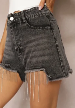 Czarne Jeansowe Szorty z Bawełny High Waist Wykończone Cyrkoniami i Przetarciami Tiamelba