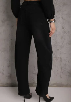 Czarne Jeansy Barrel Fit High Waist z Bawełną Rolimia