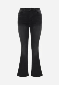 Czarne Jeansy Flare High Waist Bogate w Bawełnę z Kieszonkami z Klapami z Tyłu Anattisa