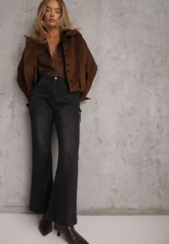 Czarne Jeansy Flare z Bawełną High Waist Ademe