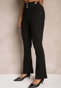 Czarne Jeansy High Waist o Kroju Dzwonów z Dodatkiem Bawełny Wykończone Guzikami Nevisca
