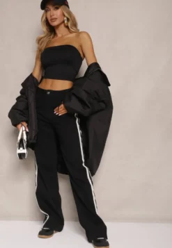 Czarne Jeansy High Waist o Szerokim Kroju z Ozdobnymi Lampasami Ulivira