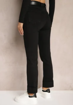 Czarne Jeansy High Waist z Paskiem z Klamrą i Podwiniętymi Nogawkami Lerialen