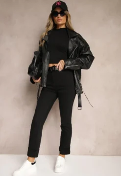 Czarne Jeansy High Waist z Paskiem z Klamrą i Podwiniętymi Nogawkami Lerialen