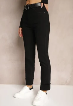 Czarne Jeansy High Waist z Paskiem z Klamrą i Podwiniętymi Nogawkami Lerialen