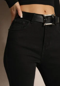 Czarne Jeansy High Waist z Paskiem z Klamrą i Podwiniętymi Nogawkami Lerialen