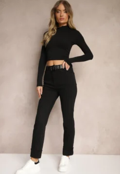 Czarne Jeansy High Waist z Paskiem z Klamrą i Podwiniętymi Nogawkami Lerialen