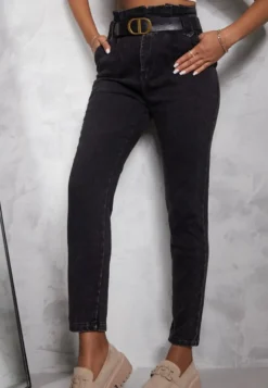 Czarne Jeansy Mom Fit z Paskiem Astera