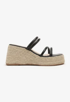 Czarne Klapki na Koturnie w Stylu Boho z Plecionką Vimarils