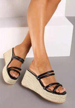 Czarne Klapki na Koturnie w Stylu Boho z Plecionką Vimarils