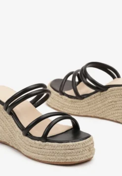Czarne Klapki na Koturnie w Stylu Boho z Plecionką Vimarils