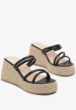 Czarne Klapki na Koturnie w Stylu Boho z Plecionką Vimarils