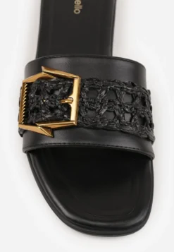 Czarne Klapki w Stylu Boho z Plecionką z Rafii i Metalową Klamerką Mezelin