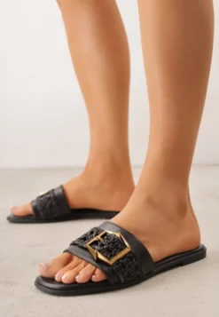 Czarne Klapki w Stylu Boho z Plecionką z Rafii i Metalową Klamerką Mezelin