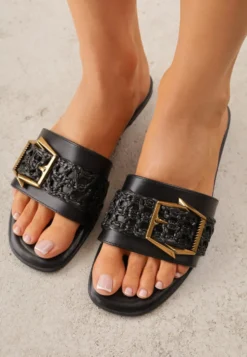 Czarne Klapki w Stylu Boho z Plecionką z Rafii i Metalową Klamerką Mezelin