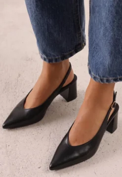 Czarne Klasyczne Czółenka Slingback na Słupku ze Szpiczastym Noskiem Dolmisa